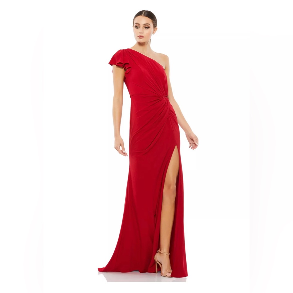 Mac Duggal Red Ruffled One Shoulder Draped Gown Sz 2 $348